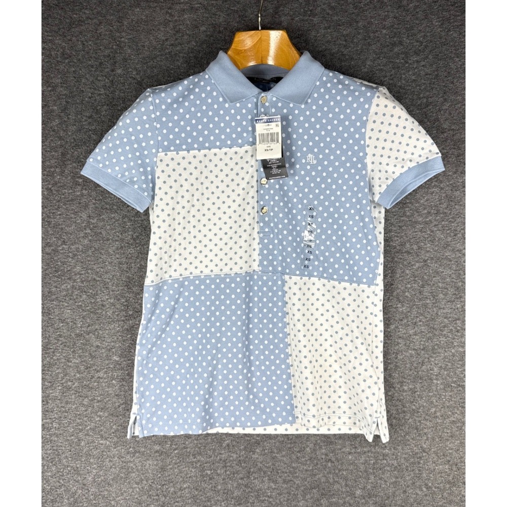 NWT Lauren Ralph Lauren Black Label Polo Shirt Womens XS Polka Dot Patchwork Top